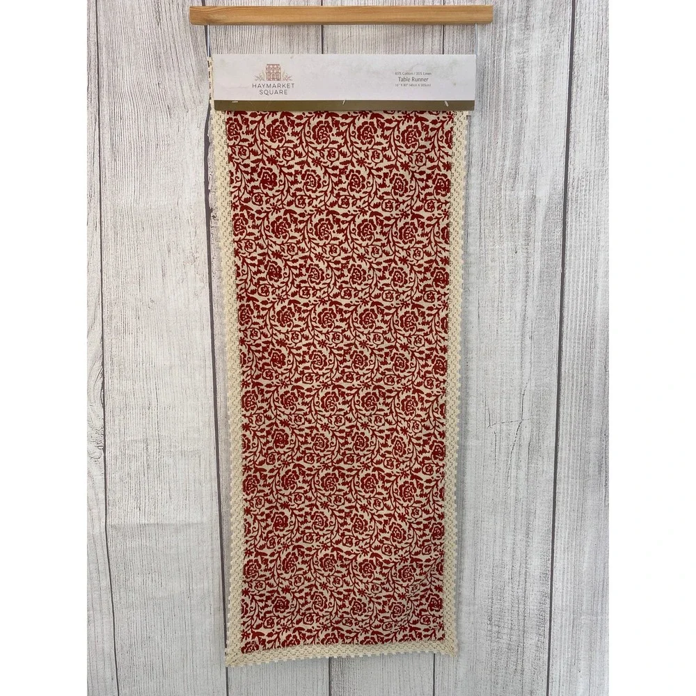 Haymarket Square Table Runner 16x80 Red Cream Floral Cotton Linen Crochet Lace